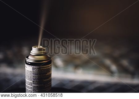 Selective Focus On Insect Insecticide Aerosol Can Fogger Used To Kill Bed Bugs, Spiders, Mites, Flie