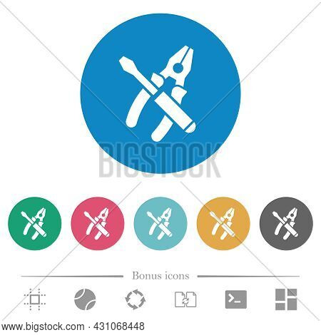 Combined Pliers And Screwdriver Flat White Icons On Round Color Backgrounds. 6 Bonus Icons Included.