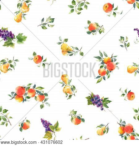 Beautiful Vector Seamless Pattern With Hand Drawn Watercolor Tasty Summer Pear Apple Grape Fruits. S