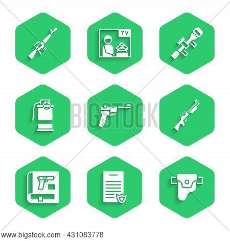 Set Mauser Gun, Firearms License Certificate, Gun In Holster, Hunting, Book With Pistol Or, Hand Smo