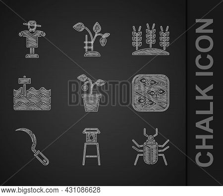 Set Plant In Pot, Water Tower, Insect Fly, Sickle, Garden Bed, Wheat And Scarecrow Icon. Vector