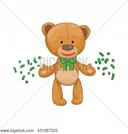 Teddy bear. Cute brown cartoon animal. Funny symbol with lot of money or confetti.  sticker. Template for print or greeting card