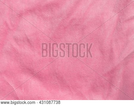 Pink Color Velvet Fabric Texture Top View. Female Blog Rose Velour Background. Smooth Soft Fluffy Ve