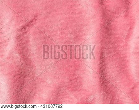 Pink Color Velvet Fabric Texture Top View. Female Blog Rose Velour Background. Smooth Soft Fluffy Ve