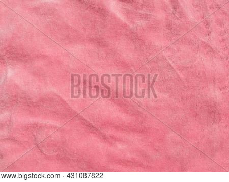 Pink Color Velvet Fabric Texture Top View. Female Blog Rose Velour Background. Smooth Soft Fluffy Ve