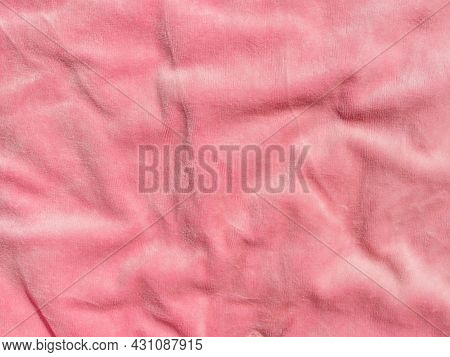 Pink Color Velvet Fabric Texture Top View. Female Blog Rose Velour Background. Smooth Soft Fluffy Ve