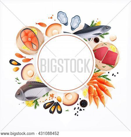 Seafood Restaurant Cafe Shop Bar Appetizing Background Circular Frame With Tuna Mackerel Shrimps Sal