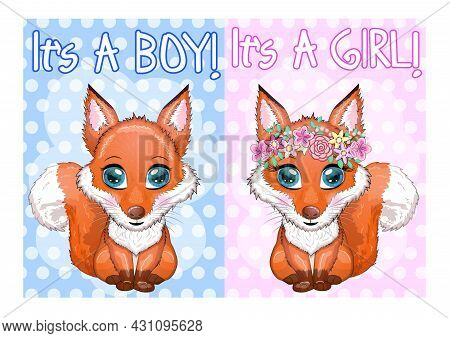 Baby Shower Card Cute Woodland Fox With Flowers And Butterflies On A Pink Background