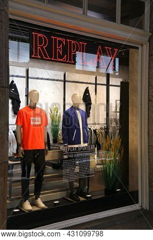 Dusseldorf, Germany - September 19, 2020: Replay Expensive Fashion Brand Store In Dusseldorf, German