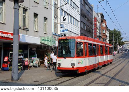 Witten, Germany - September 16, 2020: People Ride A Tram In Downtown Witten, Germany. Witten Is A La