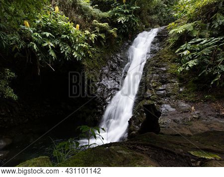 The Pequena Waterfall Of Sao Jorge In The Azores Archipelago. High Quality Photo
