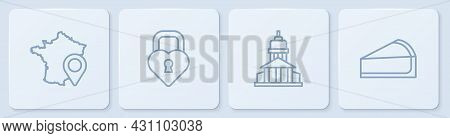 Set Line Map Of France, Museum Building, Castle The Shape Heart And Cherry Cheesecake Slice. White S