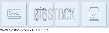 Set Line Gold Bars 24k, Bank Building, Molten Gold Being Poured And . White Square Button. Vector