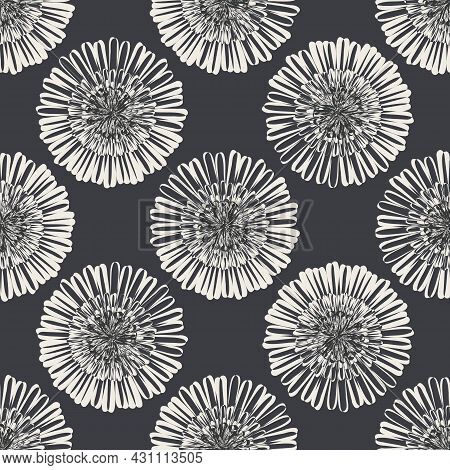 Modern Abstract Aster Flower Seamless Pattern Background. Geometric Repeat With White Black Fall Flo