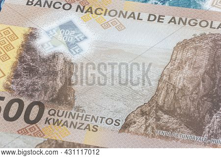 Close Up To 500 Kwanza Of The Republic Of Angola. Polymer Banknote Of The African Country. Detailed 