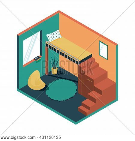 Boy Room In Isometric Style. Bed Uder The Ceiling. Cabinet And The Strairs Are Two In One. Book On T