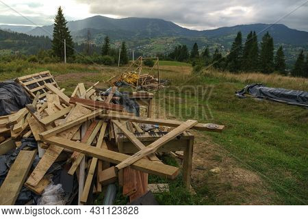 Construction Wood Waste On Carpathian Mountains In Slavske In Ukraine