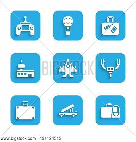 Set Jet Fighter, Passenger Ladder, Suitcase, Aircraft Steering Helm, Airport Control Tower, And Dron