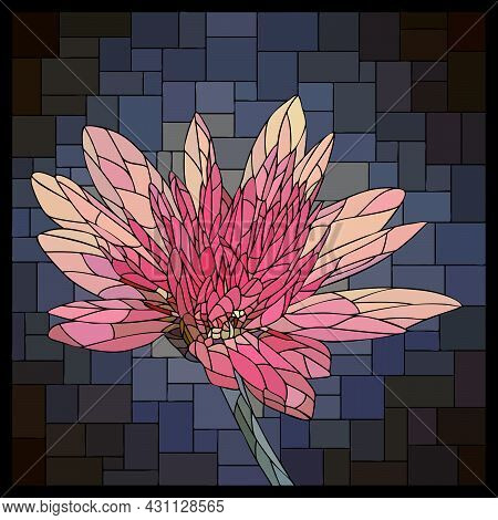 Vector Square Mosaic With Blooming Small Pink Xeranthemum Flower In Stained Glass Window.