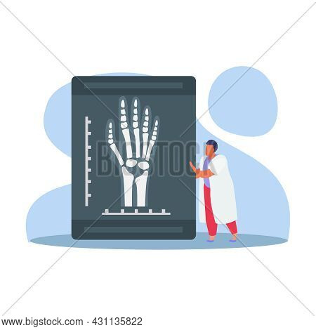 Orthopedics Clinic Flat Composition With Radiogram Of Human Hand With Bones And Small Doctor Charact