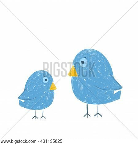 Birds Set. Chalk Drawing. Children\'s Drawing Doodle Blue Bird