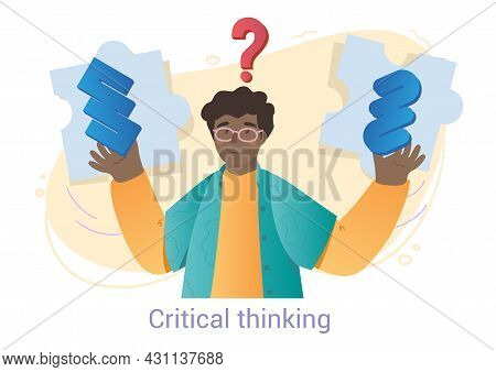Young Male Character In Glasses Is Having A Critical Thinking On White Background. Concept Of Young 