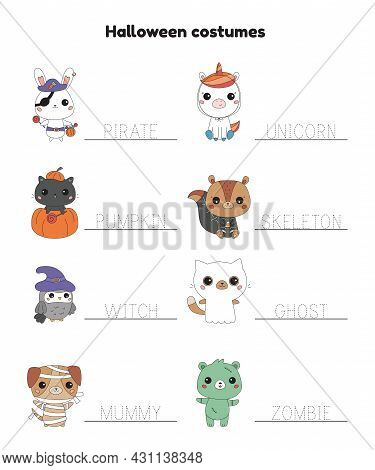 Halloween Tracing Words Printable Worksheet For Kindergarten Kids. Cute Cartoon Animals In Costumes.