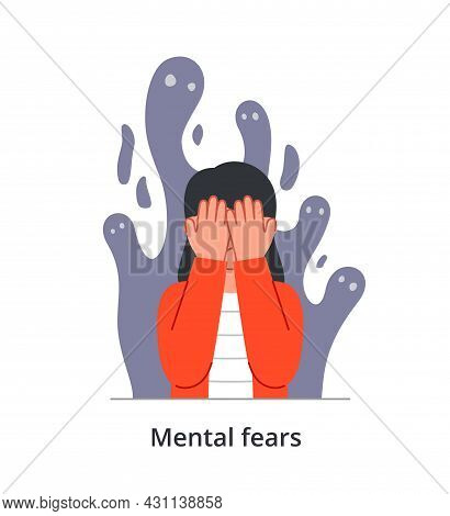 Scared Young Female Character Having Mental Fears Is Covering Her Face From Monster Behind On White 