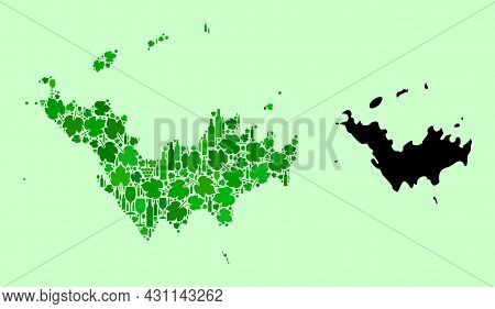 Vector Map Of Saint Barthelemy. Mosaic Of Green Grape Leaves, Wine Bottles. Map Of Saint Barthelemy 