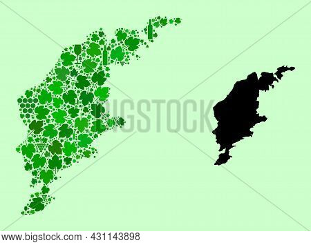 Vector Map Of Gotland Island. Collage Of Green Grape Leaves, Wine Bottles. Map Of Gotland Island Col