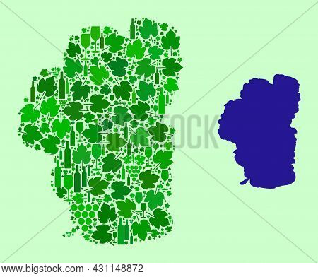 Vector Map Of Tahoe Lake. Collage Of Green Grape Leaves, Wine Bottles. Map Of Tahoe Lake Collage Des