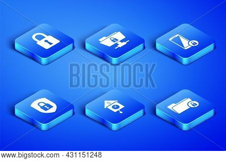 Set Folder And Lock, Lock, Retro Wall Watch, Shield Security With, Ftp Folder And Smartphone Icon. V