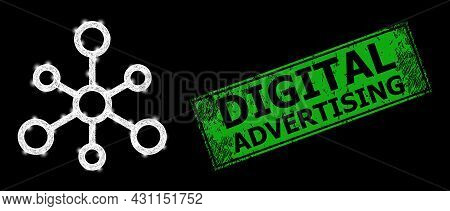 Bright Net Mesh System Links Frame With Lightspots, And Green Rectangle Corroded Digital Advertising