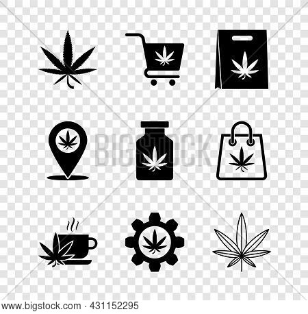 Set Marijuana Or Cannabis Leaf, Shopping Cart With Marijuana, Bag Of, Cup Tea, Test Tube, Location A