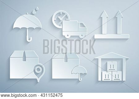 Set Delivery Package With Umbrella, This Side Up, Location Cardboard Box, Warehouse, Truck And Clock