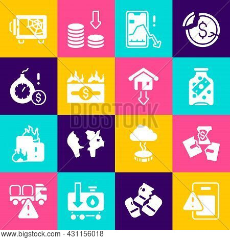 Set Global Economic Crisis, Tearing Money Banknote, Glass Jar With Coin, Mobile Stock Trading, Burni