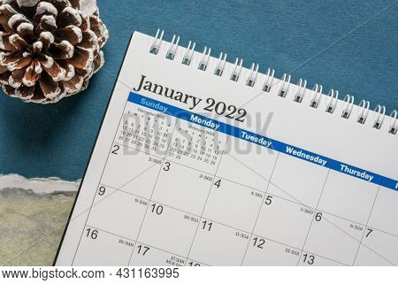 January 2022 - spiral desktop calendar against with a frosty pine cone against winter abstract paper landscape, New Year, time and business concept