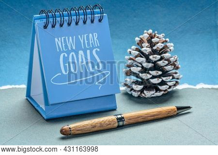 New Year goals - handwriting in a small desktop calendar with a frosty pice cone against abstract paper landscape, goal setting and resolutions concept