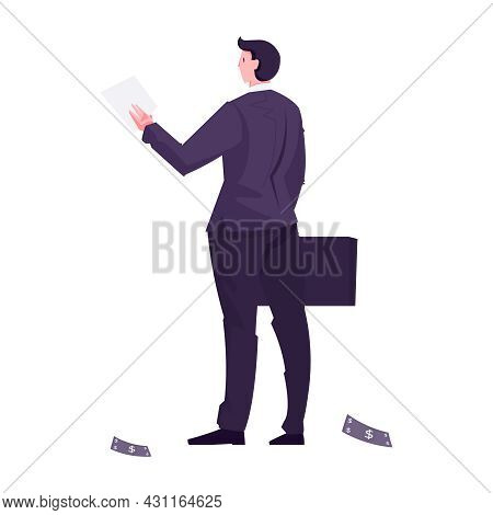 Flat Character Of Millionare With Briefcase And Banknotes On Floor Vector Illustration
