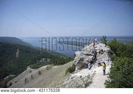 View Of The Volga River And Strelnaya Mountain In The Samara Region In Russia. A Clear Sunny Day On 
