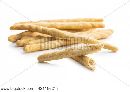 Grissini sticks. Traditional italian bread sticks isolated on white background.