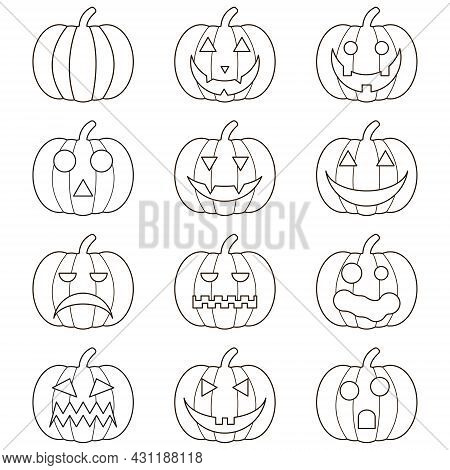 Black Halloween Logo Set Of Pumpkin. Stiker Pack Of 4 Jack O Lanterns. Eps 10 Vector Halloween Logo.