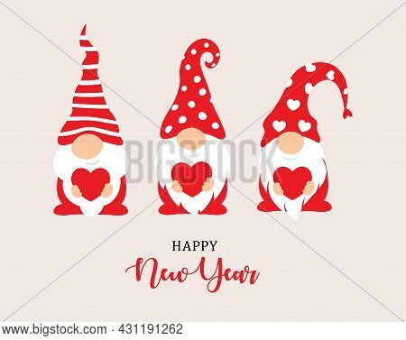 Happy New Year 2022 Characters Design. Garden Gnomes And Red Heart In Hand, Christmass Characters Fo