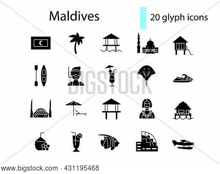 Maldives Glyph Icons Set. Bungalow And Famous Buildings In Male. Palms And Marine Life. Black Filled