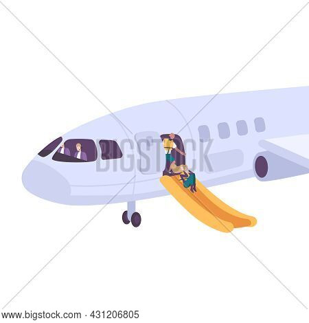 Passengers In Life Vests Leaving Plane On Emergency Slide Flat Vector Illustration
