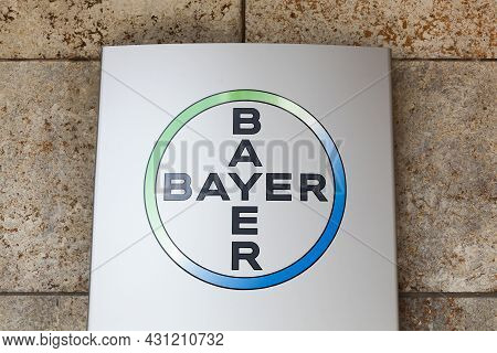 Leverkusen, Germany - July 22, 2017: Bayer Logo On A Panel. Bayer Is A German Multinational Chemical