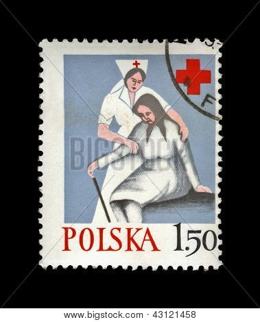 Polen - ca. 1977, Jan 24: Annullerede stempel trykt i Polen, viser sygeplejerske hjælp gamle kvinde, polsk Re