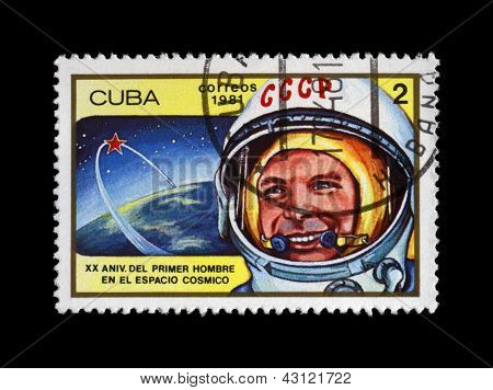 Cuba - Circa 1981: Cancelado sello impreso en Cuba, muestra el primer astronauta ruso, soviético Yury Gagar