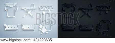 Set Temperature Wash, Squeeze Clothes, Dirty T-shirt, Iron And Ironing Board And Drying Icon. Vector
