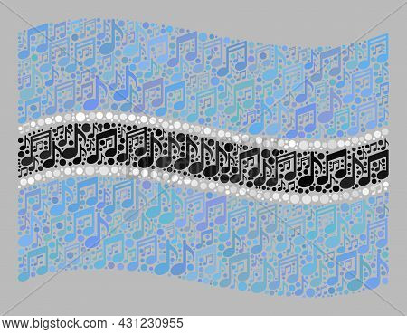 Mosaic Waving Botswana Flag Designed With Music Notes. Vector Musical Collage Waving Botswana Flag C